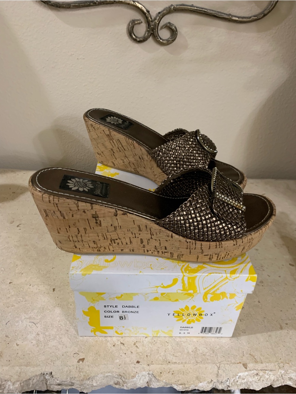 Yellow Box Bronze Woven Buckle Cork Wedge Sandals